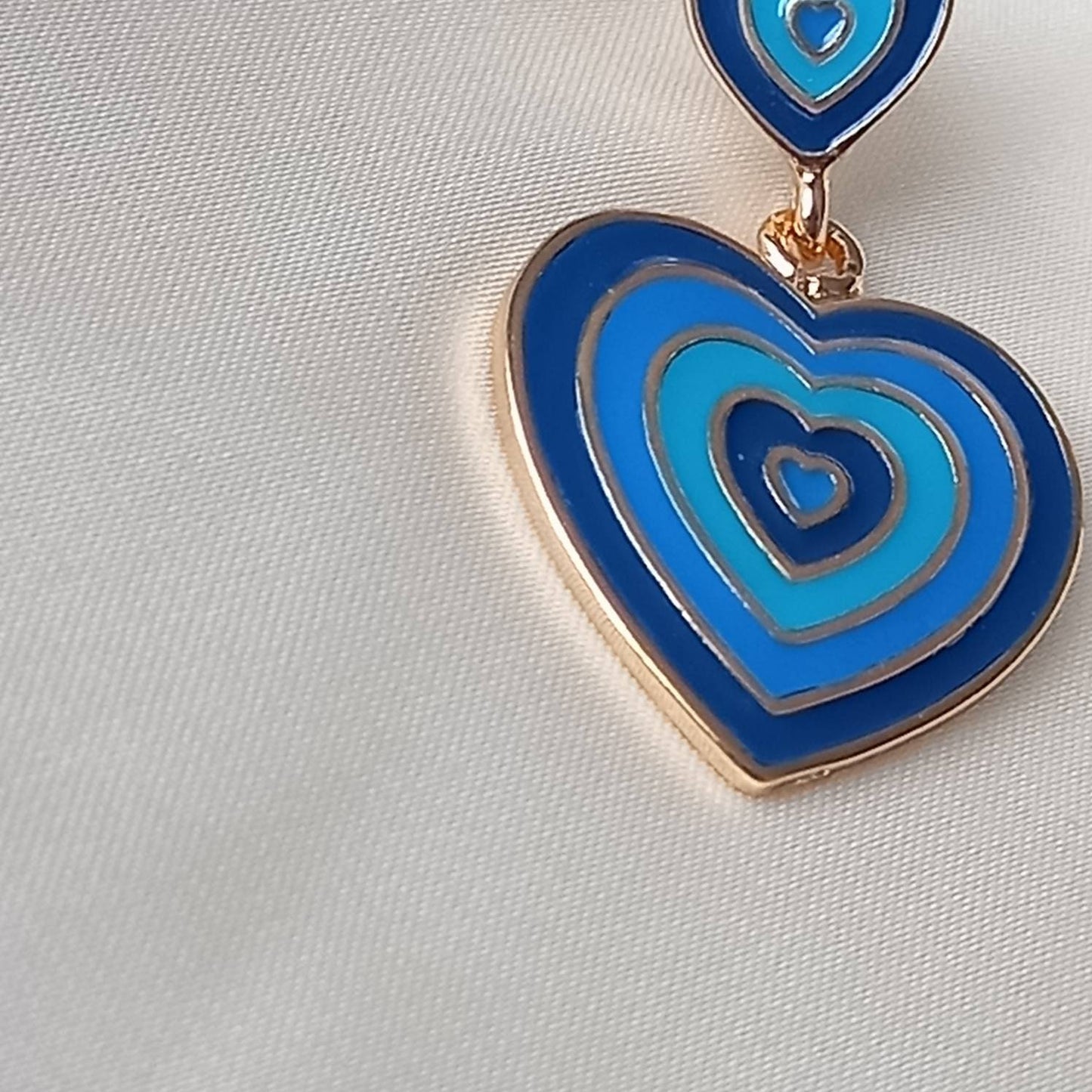 Blue & Gold Retro Heart Drop Earrings -  70's Style Earrings, Vintage Style, Hanging Jewellery,Accessories,Blue Jewellery,Gold Earrings