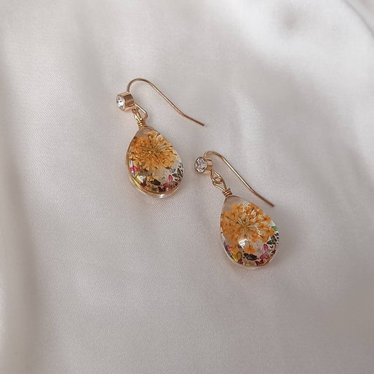 Flower Tear Drop Earrings - Hanging Jewellery, Accessories, Flower Earrings, Flower Jewlellery, Orange Flower Earrings, Statement Earrings