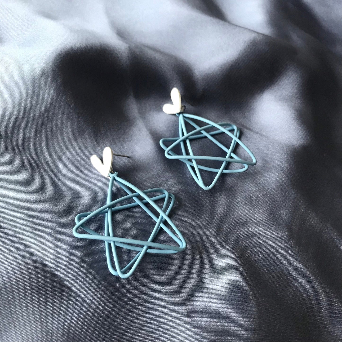 Blue & White Star Charm Drop Earrings - Hanging Jewellery, Accessories, Star Jewellery, Blue Earrings, 3D White Heart Statement Earrings