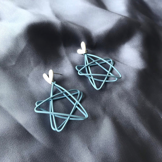 Blue & White Star Charm Drop Earrings - Hanging Jewellery, Accessories, Star Jewellery, Blue Earrings, 3D White Heart Statement Earrings