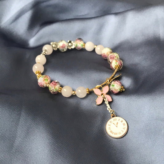 Pink Floral Bead Charm Bracelet - Bead Jewellery, Pink Accessories, Charm Bracelet,Bead Bracelet,Classy Bracelet,Cute Bracelet,Pink Jewelley