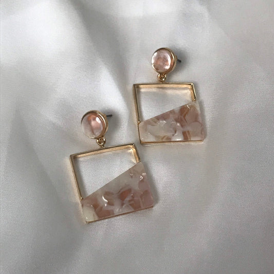 Pink Resin Abstract Square Drop Earrings -  Abstract Earrings, Unique Earrings, High Polished,Hanging Jewellery,Gold Jewellery,Gold Earrings