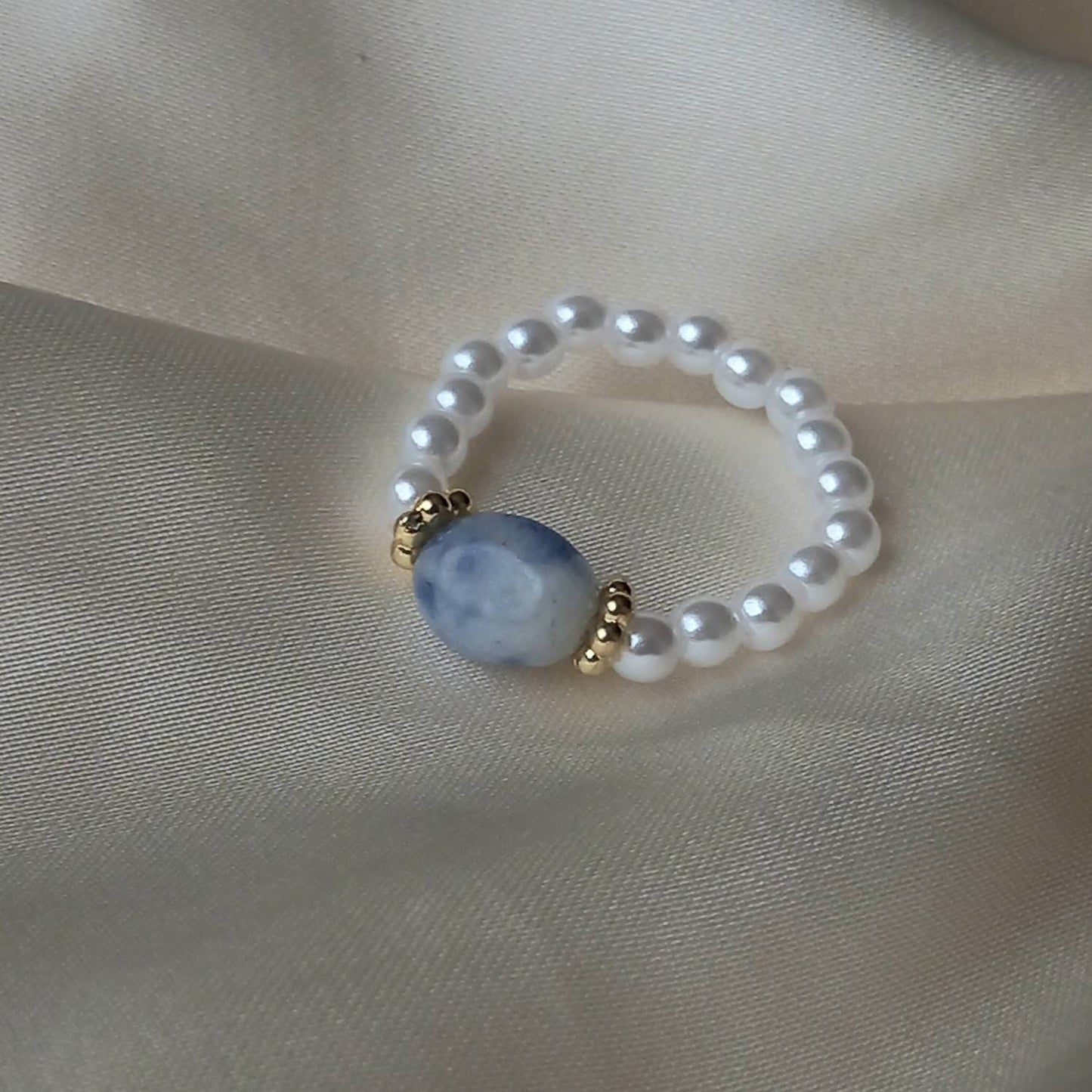 White Faux Pearl & Blue Stone Ring - Pearl Jewellery, Accessories, Pearl Ring,Bead Ring,Classy Ring,Cute Ring,Stone Jewelley,Adjustable Ring