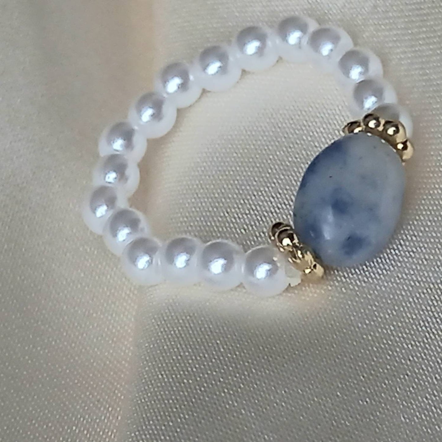 White Faux Pearl & Blue Stone Ring - Pearl Jewellery, Accessories, Pearl Ring,Bead Ring,Classy Ring,Cute Ring,Stone Jewelley,Adjustable Ring