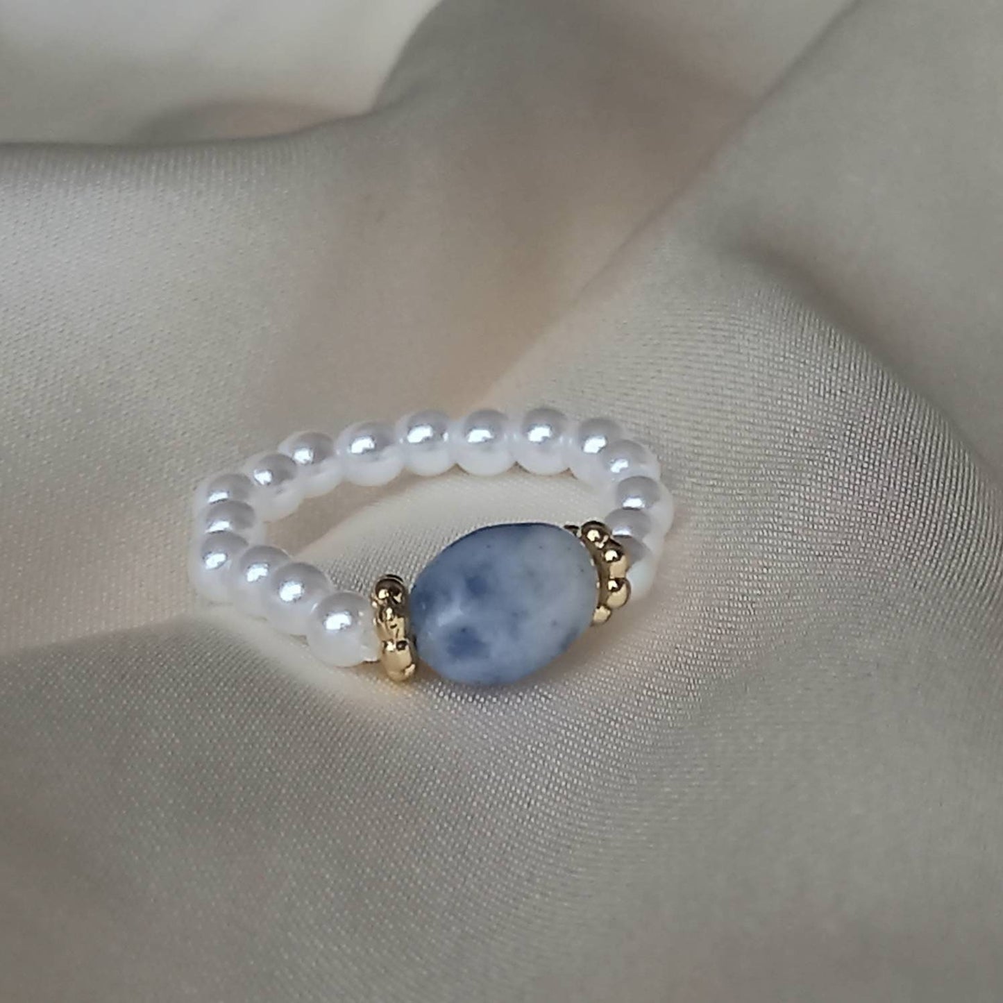 White Faux Pearl & Blue Stone Ring - Pearl Jewellery, Accessories, Pearl Ring,Bead Ring,Classy Ring,Cute Ring,Stone Jewelley,Adjustable Ring