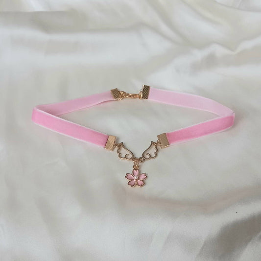 Pink & Gold Velvet Flower Choker Necklace - Pink Jewellery, Accessories,Velvet Necklace,Choker Necklace,Charm Necklace,Flower Charm Necklace