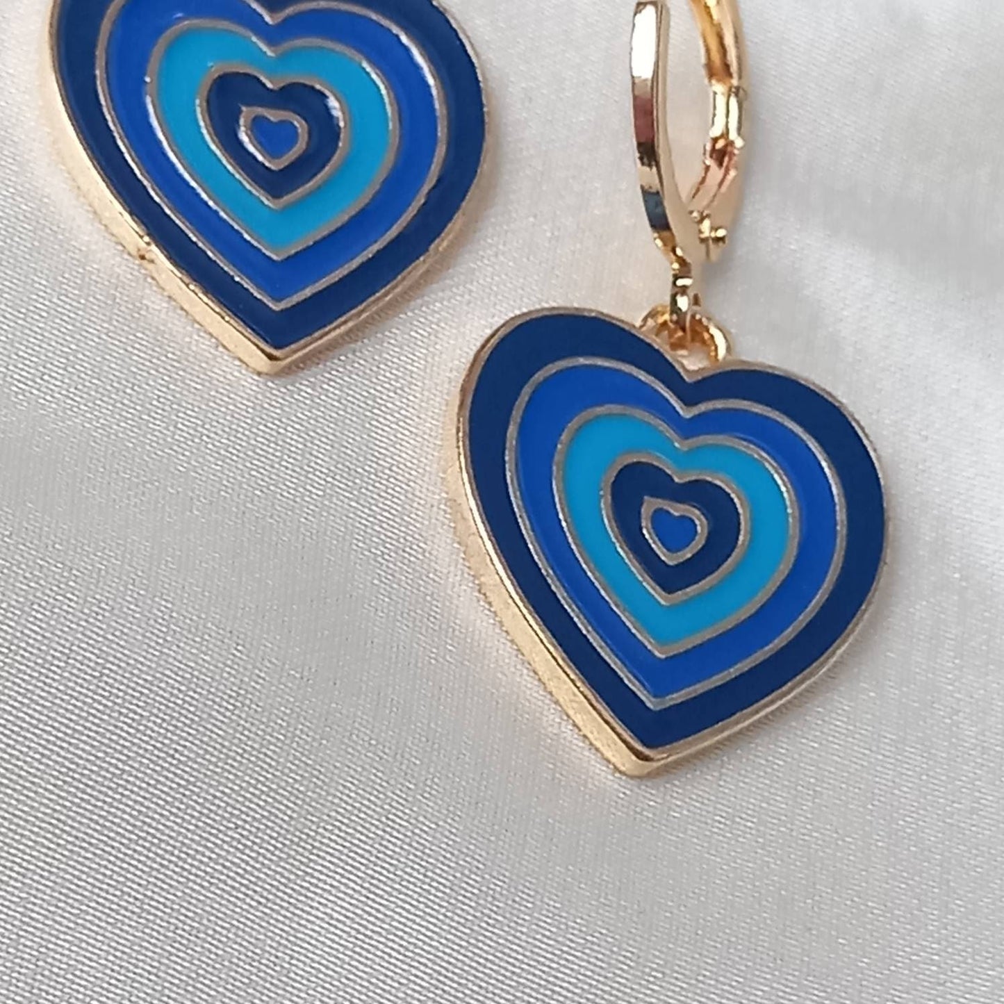 Blue & Gold Retro Heart Drop Earrings -  70's Style Earrings, Vintage Style, Hanging Jewellery,Accessories,Green Jewellery,Gold Earrings