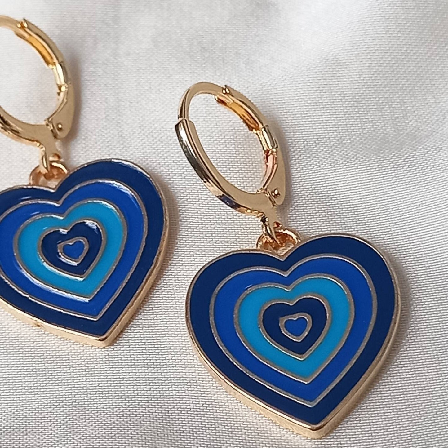Blue & Gold Retro Heart Drop Earrings -  70's Style Earrings, Vintage Style, Hanging Jewellery,Accessories,Green Jewellery,Gold Earrings