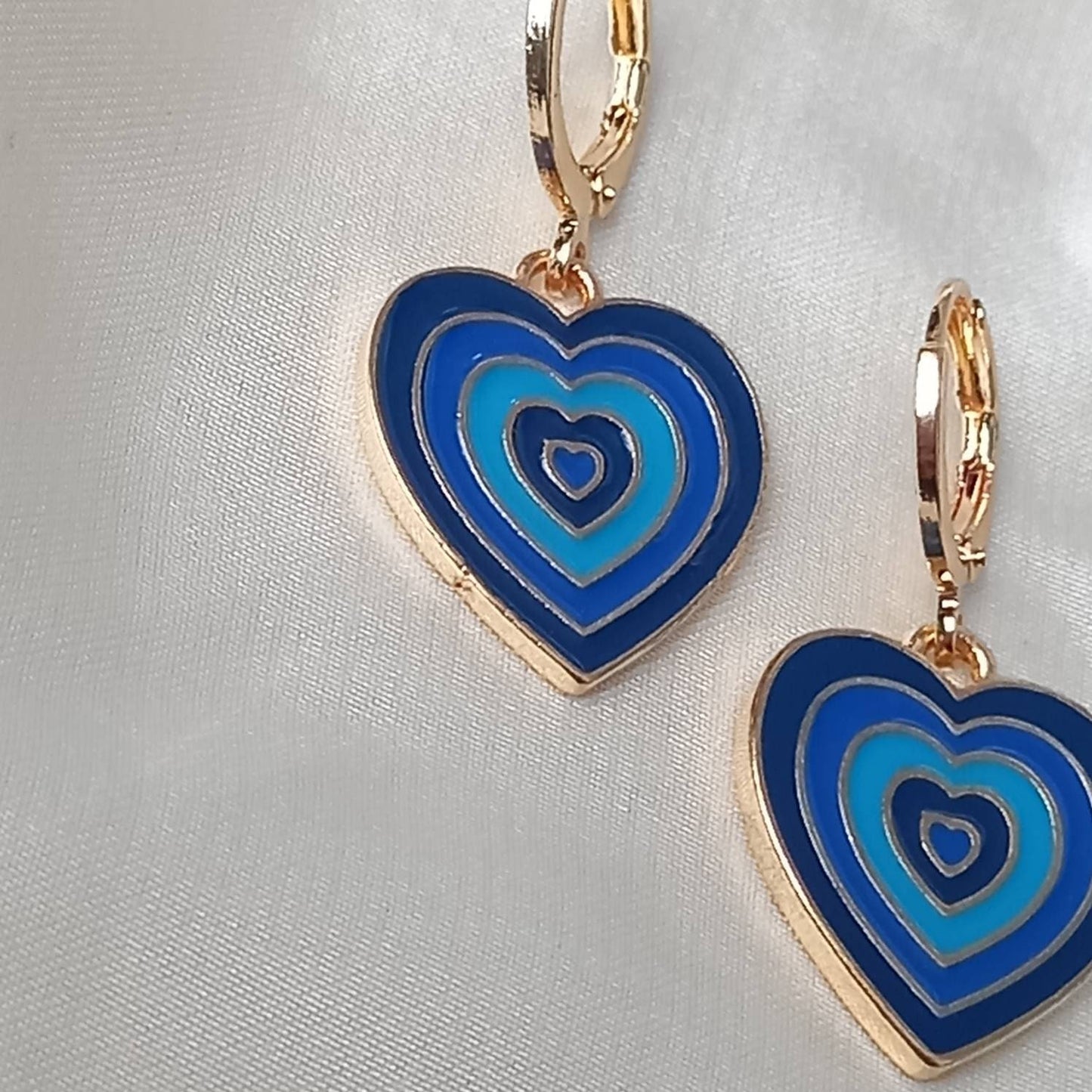 Blue & Gold Retro Heart Drop Earrings -  70's Style Earrings, Vintage Style, Hanging Jewellery,Accessories,Green Jewellery,Gold Earrings