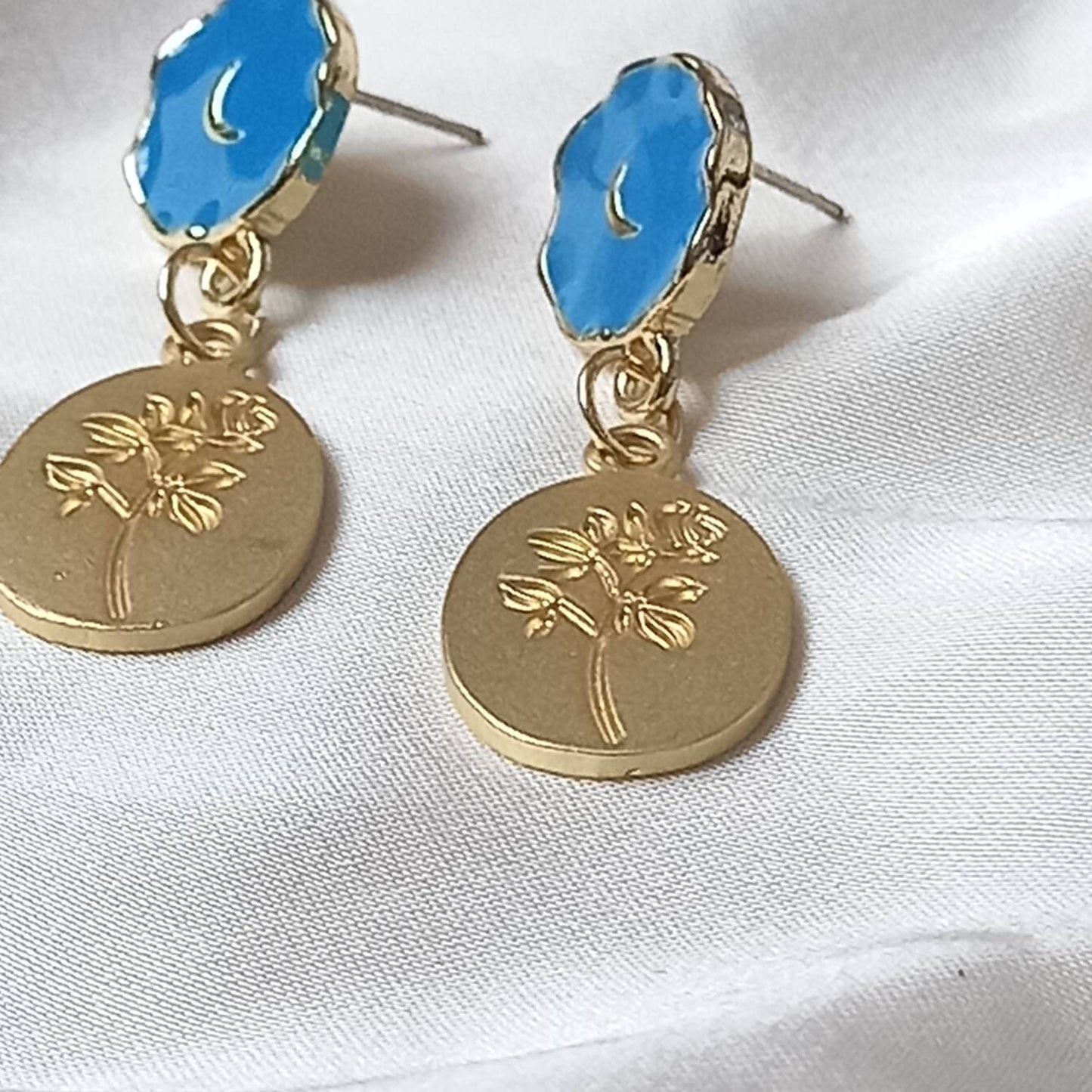 Blue & Gold Flower Drop Earrings -  Blue Earrings, Blue Jewellery, Hanging Jewellery, Gold Accessories, Gold Jewellery, Gold Earrings