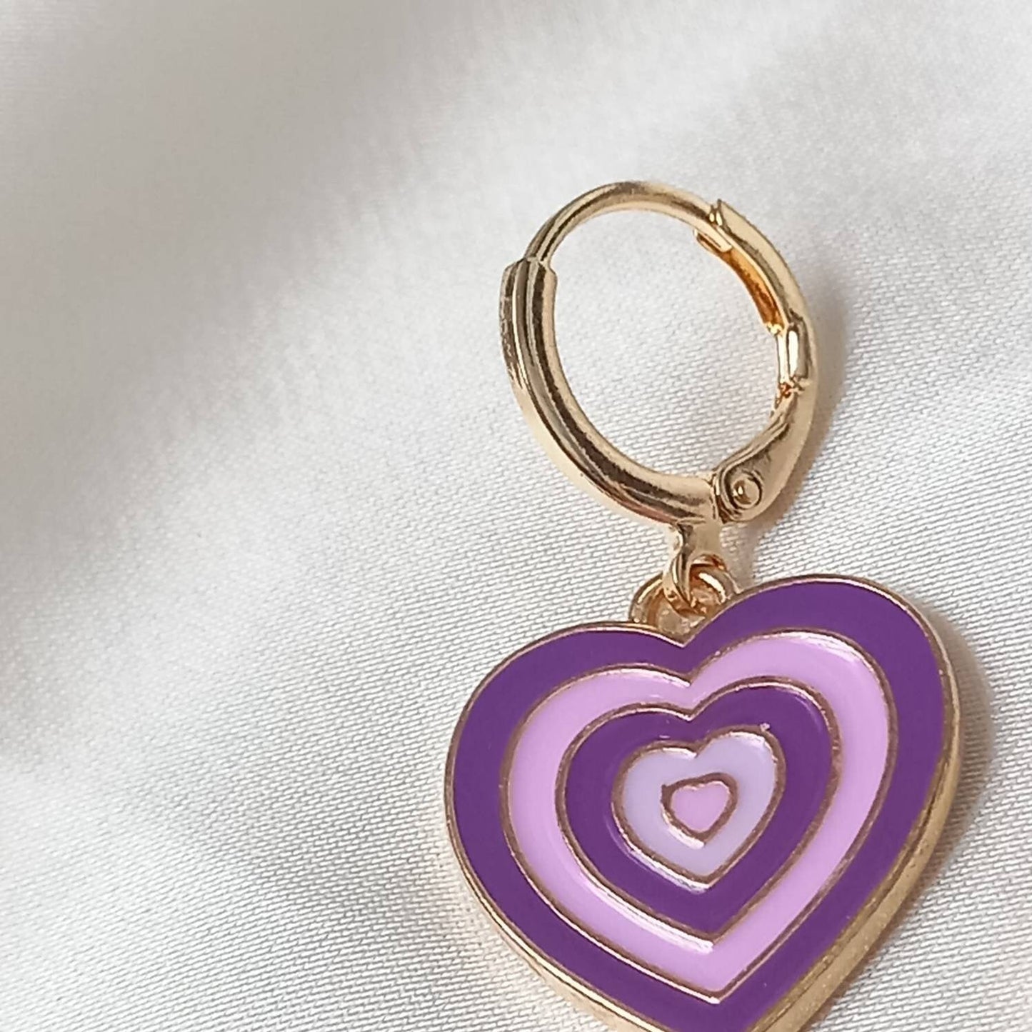 Purple & Gold Retro Heart Drop Earrings -  70's Style Earrings, Vintage Style, Hanging Jewellery,Accessories,Green Jewellery,Gold Earrings