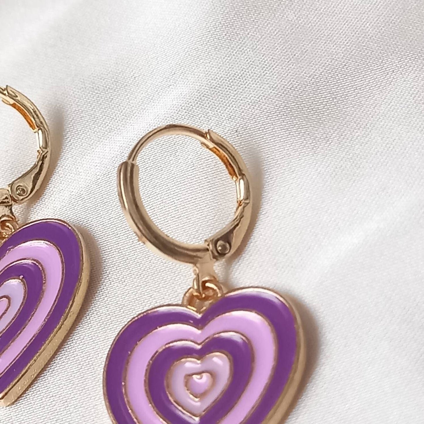 Purple & Gold Retro Heart Drop Earrings -  70's Style Earrings, Vintage Style, Hanging Jewellery,Accessories,Green Jewellery,Gold Earrings
