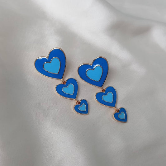 Blue & Gold Retro Heart Drop Earrings -  70's Style Earrings, Vintage Style, Hanging Jewellery,Accessories,Blue Jewellery,Gold Earrings
