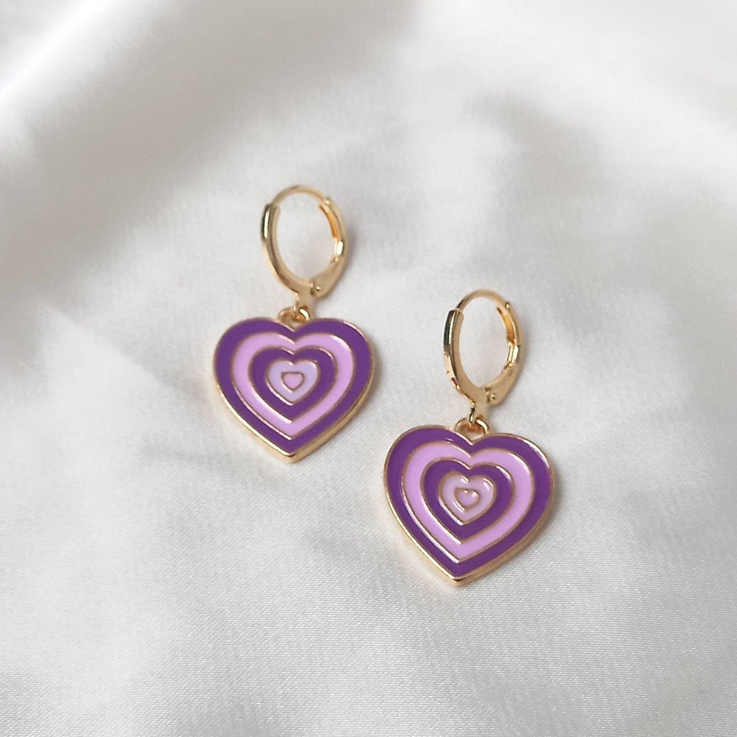 Purple & Gold Retro Heart Drop Earrings -  70's Style Earrings, Vintage Style, Hanging Jewellery,Accessories,Green Jewellery,Gold Earrings