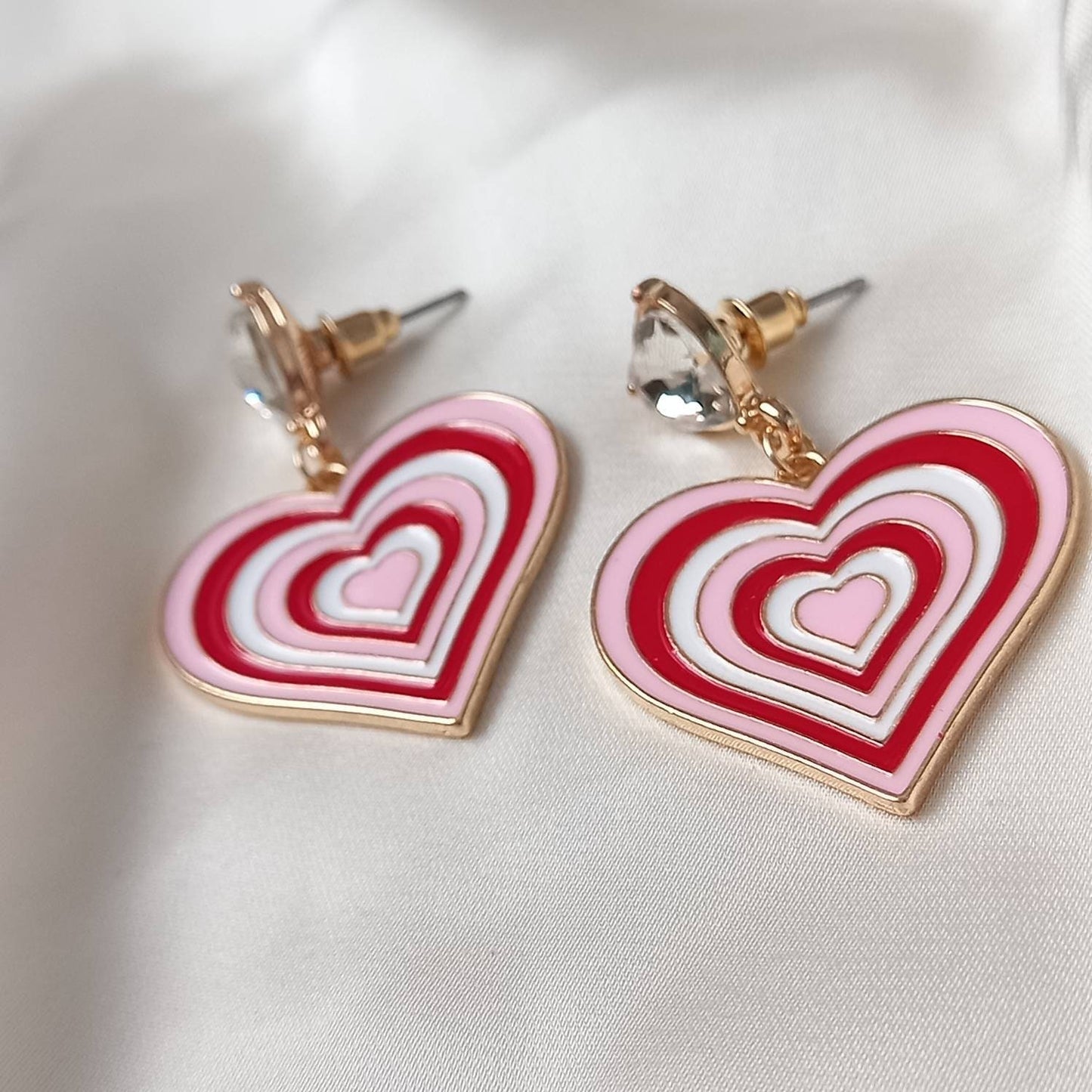 Pink & Gold Retro Heart Drop Earrings -  70's Style Earrings, Vintage Style, Hanging Jewellery,Accessories,Pink Jewellery,Gold Earrings