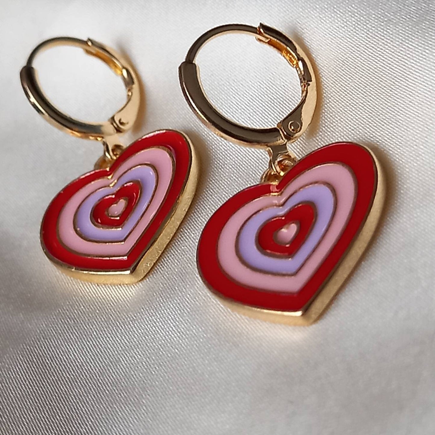 Pink & Gold Retro Heart Drop Earrings -  70's Style Earrings, Vintage Style, Hanging Jewellery,Accessories,Pink Jewellery,Gold Earrings