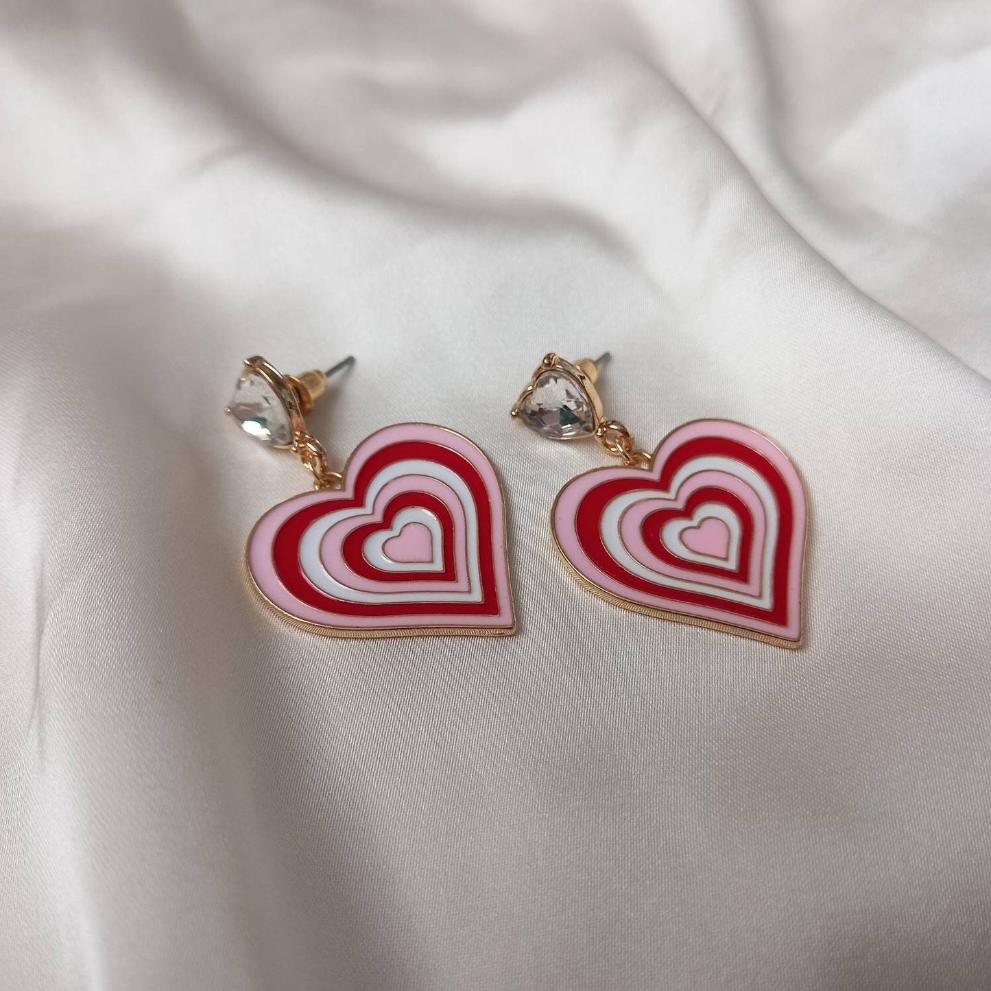 Pink & Gold Retro Heart Drop Earrings -  70's Style Earrings, Vintage Style, Hanging Jewellery,Accessories,Pink Jewellery,Gold Earrings