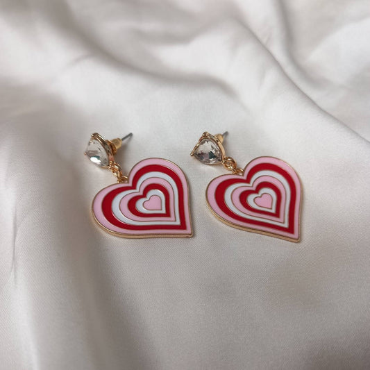 Pink & Gold Retro Heart Drop Earrings -  70's Style Earrings, Vintage Style, Hanging Jewellery,Accessories,Pink Jewellery,Gold Earrings