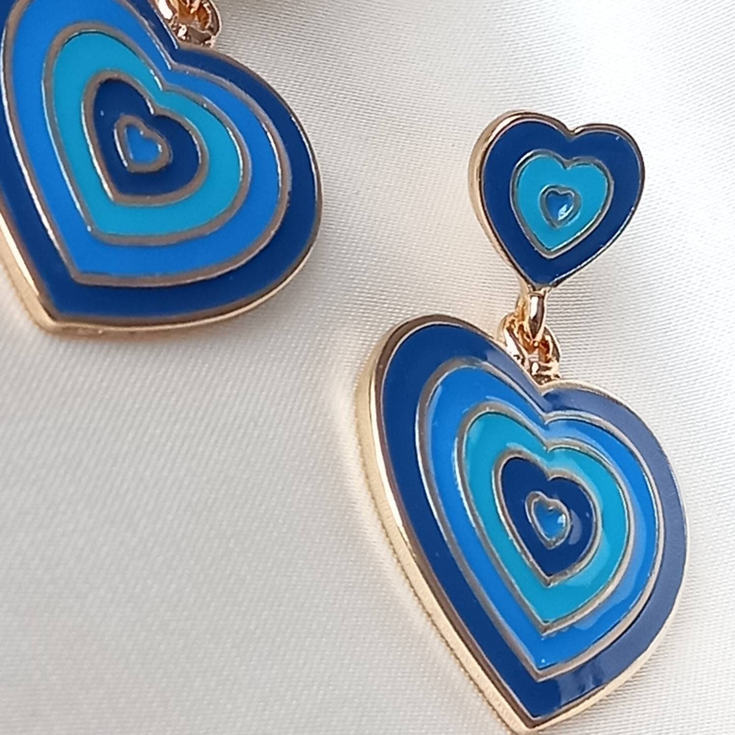 Blue & Gold Retro Heart Drop Earrings -  70's Style Earrings, Vintage Style, Hanging Jewellery,Accessories,Blue Jewellery,Gold Earrings