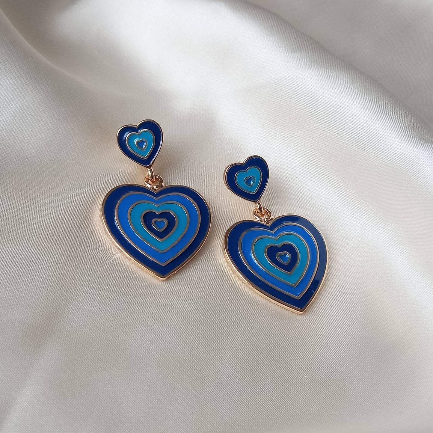 Blue & Gold Retro Heart Drop Earrings -  70's Style Earrings, Vintage Style, Hanging Jewellery,Accessories,Blue Jewellery,Gold Earrings