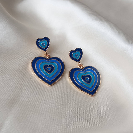 Blue & Gold Retro Heart Drop Earrings -  70's Style Earrings, Vintage Style, Hanging Jewellery,Accessories,Blue Jewellery,Gold Earrings