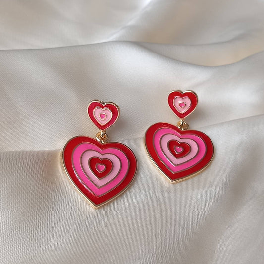 Pink & Gold Retro Heart Drop Earrings -  70's Style Earrings, Vintage Style, Hanging Jewellery,Accessories,Pink Jewellery,Gold Earrings