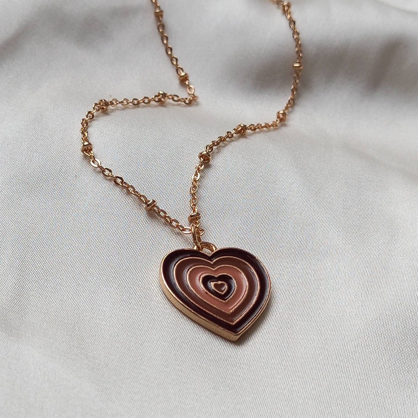 Brown & Gold Retro Heart Charm Necklace -  70's Style Necklace, Vintage Style, Hanging Jewellery,Accessories,Brown Jewellery,Gold Necklace