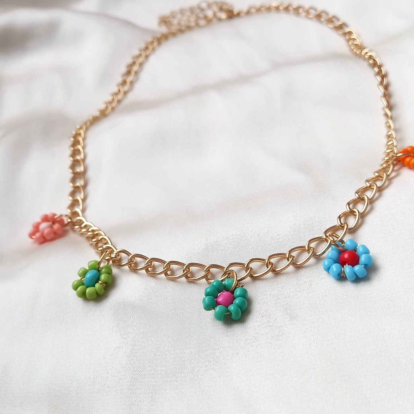 Gold Chain Flower Bead Necklace - Gold Chain Necklace, Gold Jewellery, Accessories, Bead Necklace, Flower Necklace, Funky Necklace