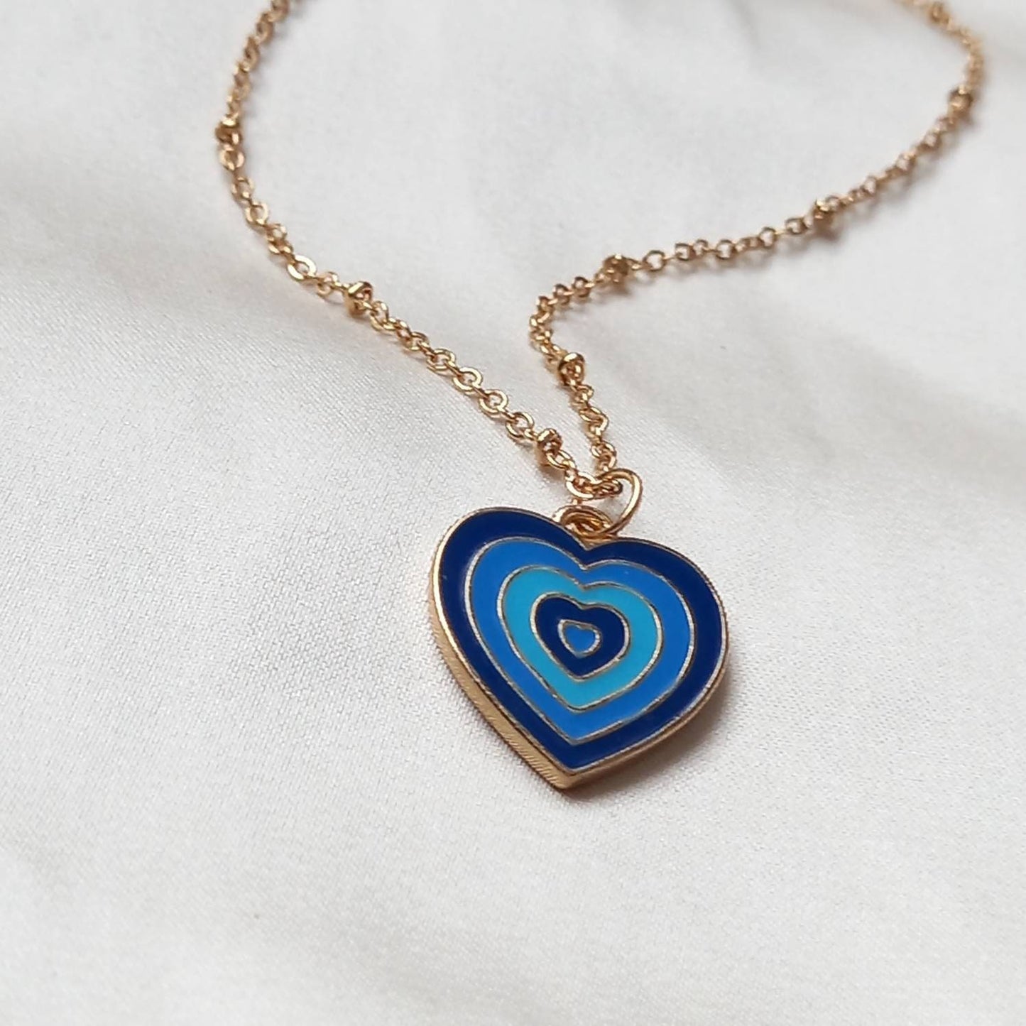 Blue & Gold Retro Heart Charm Necklace -  70's Style Necklace, Vintage Style, Hanging Jewellery,Accessories,Blue Jewellery,Gold Necklace