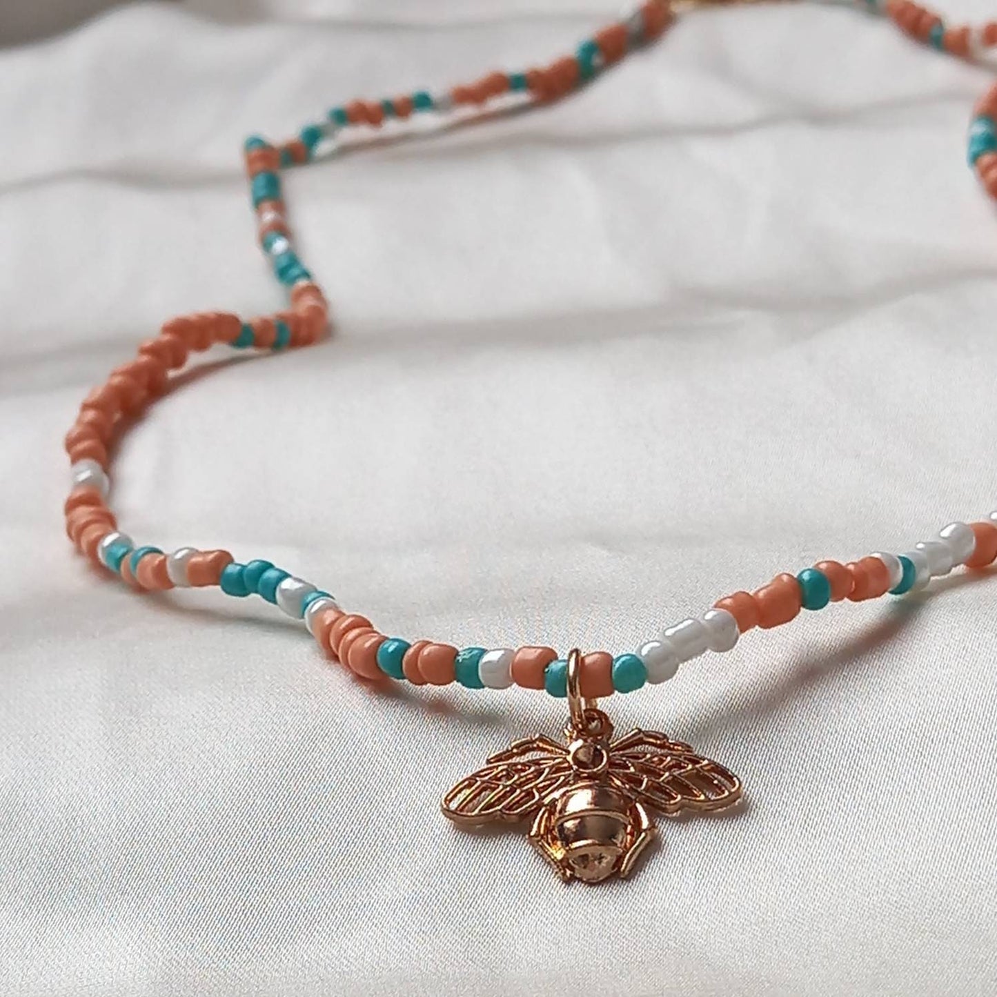 Gold Bee & Pastel  Necklace - Bead Jewellery, Bee Necklace, Bead Necklace, Cute Necklace, Bee Jewelley,Necklaces In The UK, Gifts For Her