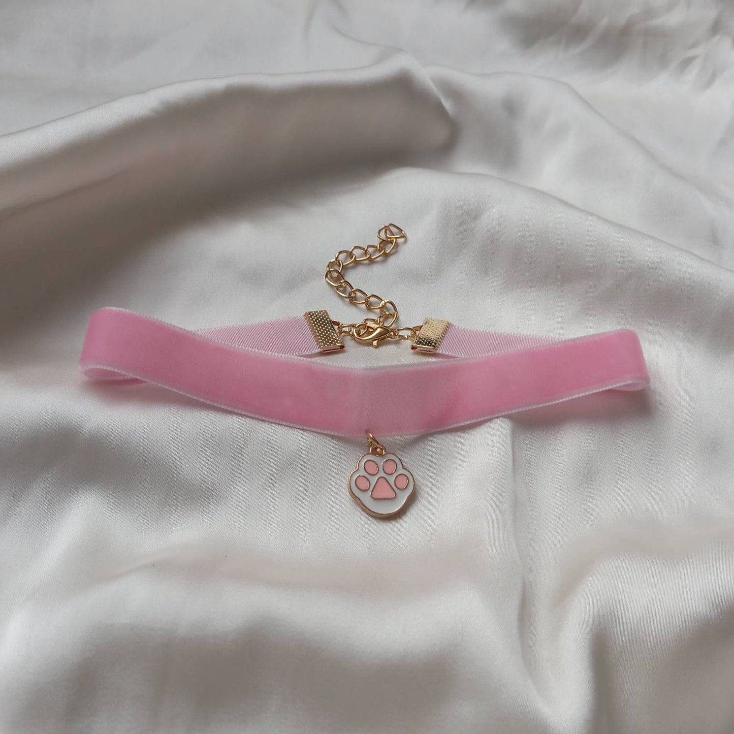 Pink & Gold Velvet Paw Print Choker Necklace - Pink Jewellery, Accessories,Velvet Necklace,Choker Necklace,Charm Necklace,Paw Charm Necklace