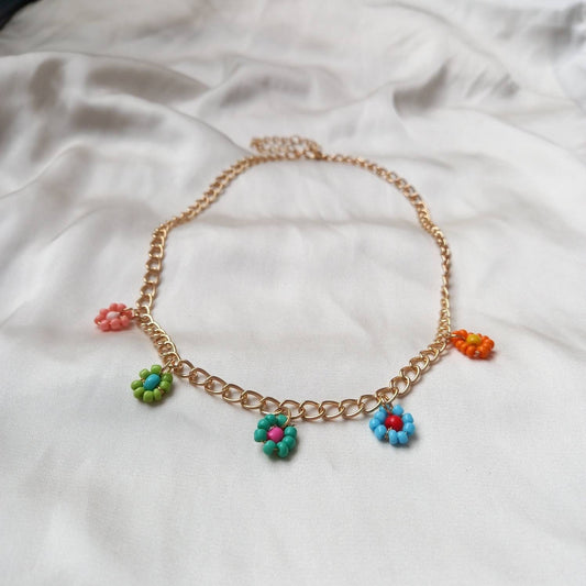 Gold Chain Flower Bead Necklace - Gold Chain Necklace, Gold Jewellery, Accessories, Bead Necklace, Flower Necklace, Funky Necklace