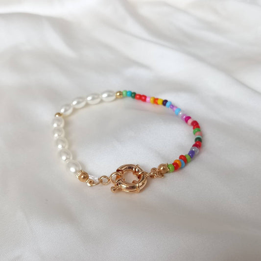 Rainbow Bead & Faux Pearl Bracelet - Pearl Jewellery, Accessories, Funky Bracelet, Bead Bracelet, Rainbow Bracelet, Cute Bracelet, Bright