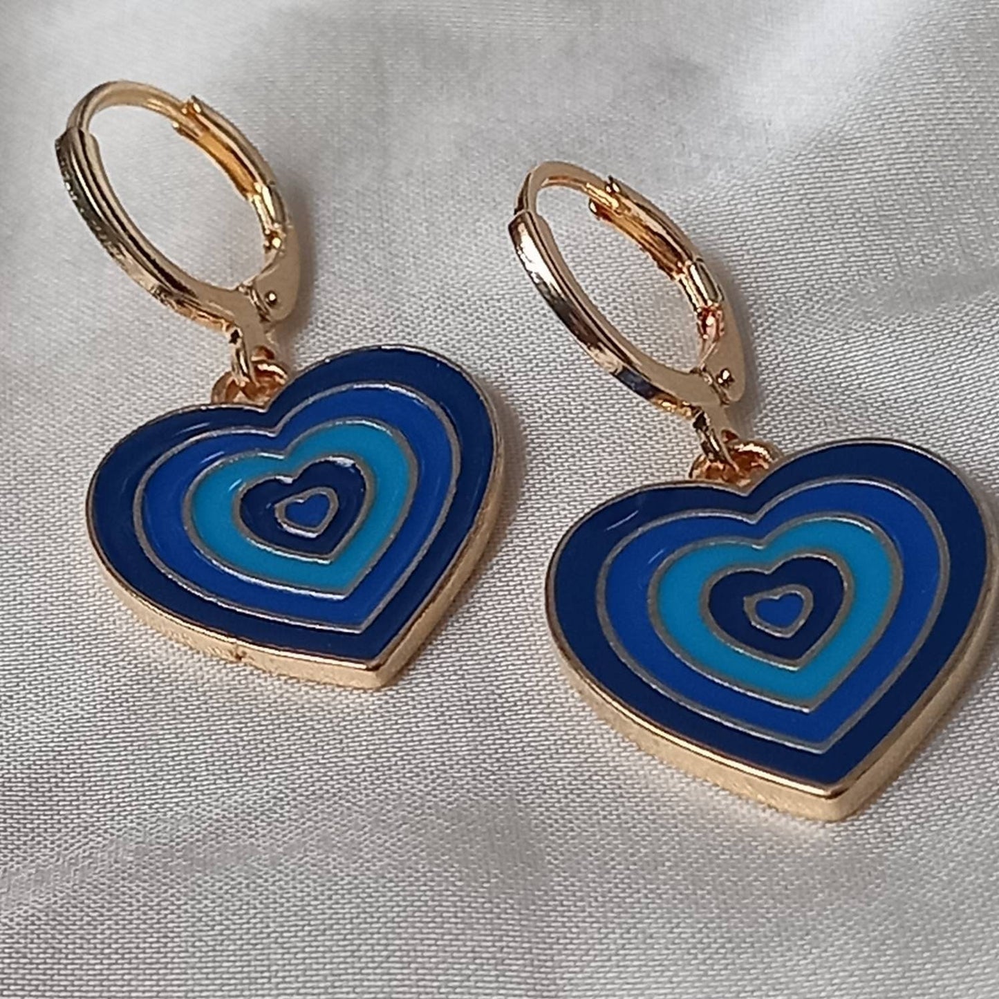 Blue & Gold Retro Heart Drop Earrings -  70's Style Earrings, Vintage Style, Hanging Jewellery,Accessories,Green Jewellery,Gold Earrings