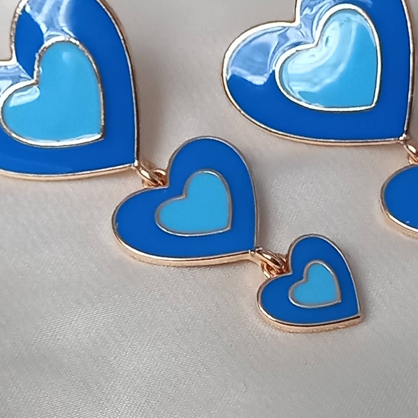 Blue & Gold Retro Heart Drop Earrings -  70's Style Earrings, Vintage Style, Hanging Jewellery,Accessories,Blue Jewellery,Gold Earrings