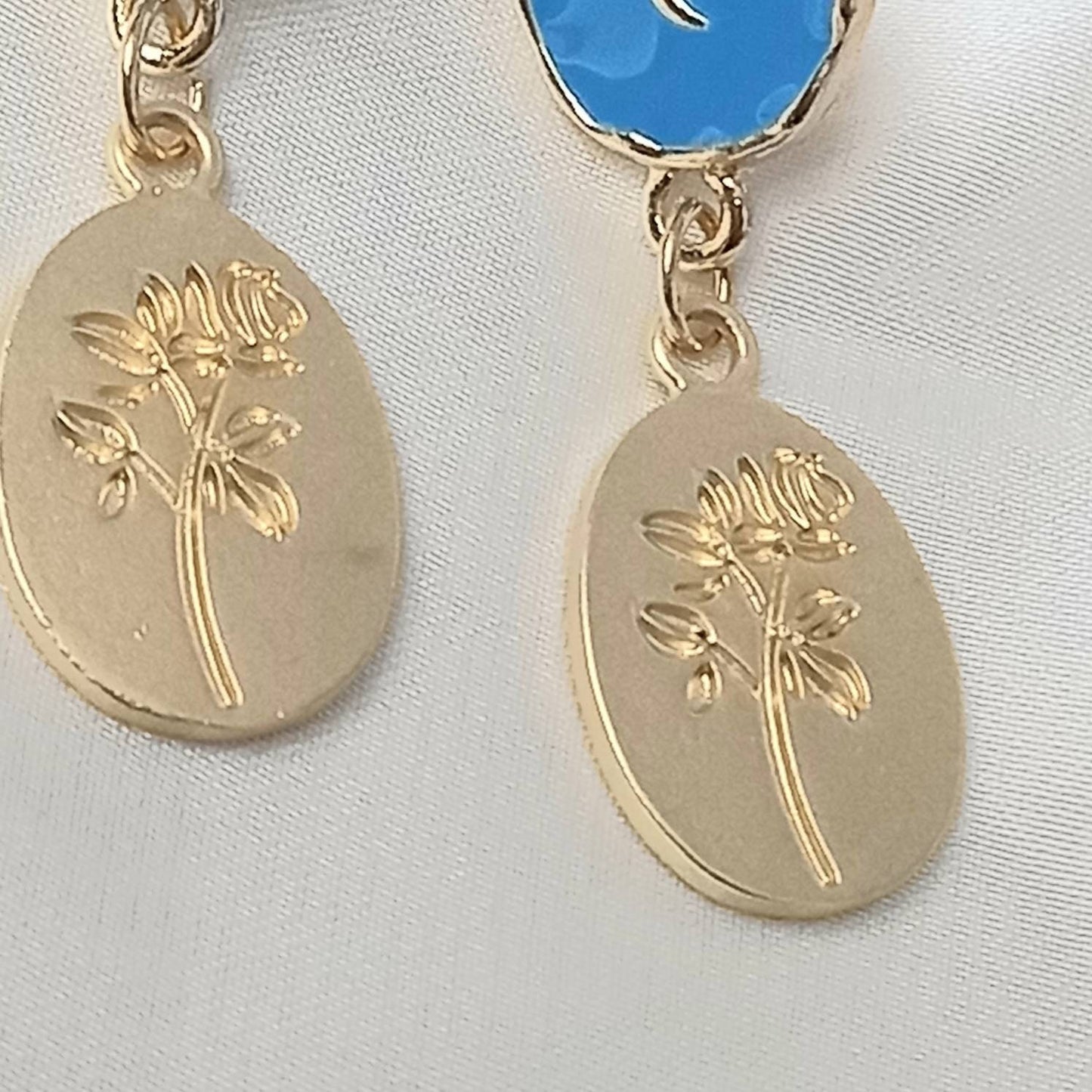 Blue & Gold Flower Drop Earrings -  Blue Earrings, Blue Jewellery, Hanging Jewellery, Gold Accessories, Gold Jewellery, Gold Earrings