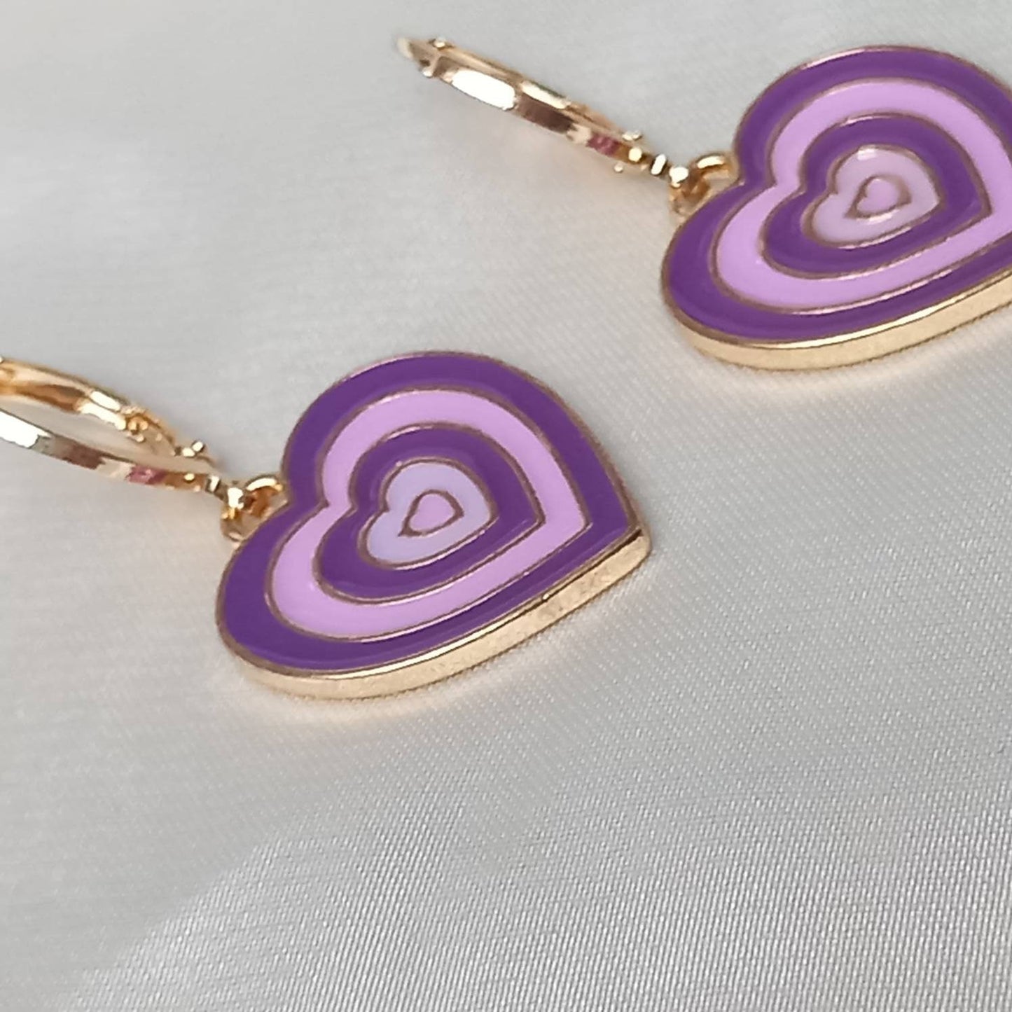 Purple & Gold Retro Heart Drop Earrings -  70's Style Earrings, Vintage Style, Hanging Jewellery,Accessories,Green Jewellery,Gold Earrings