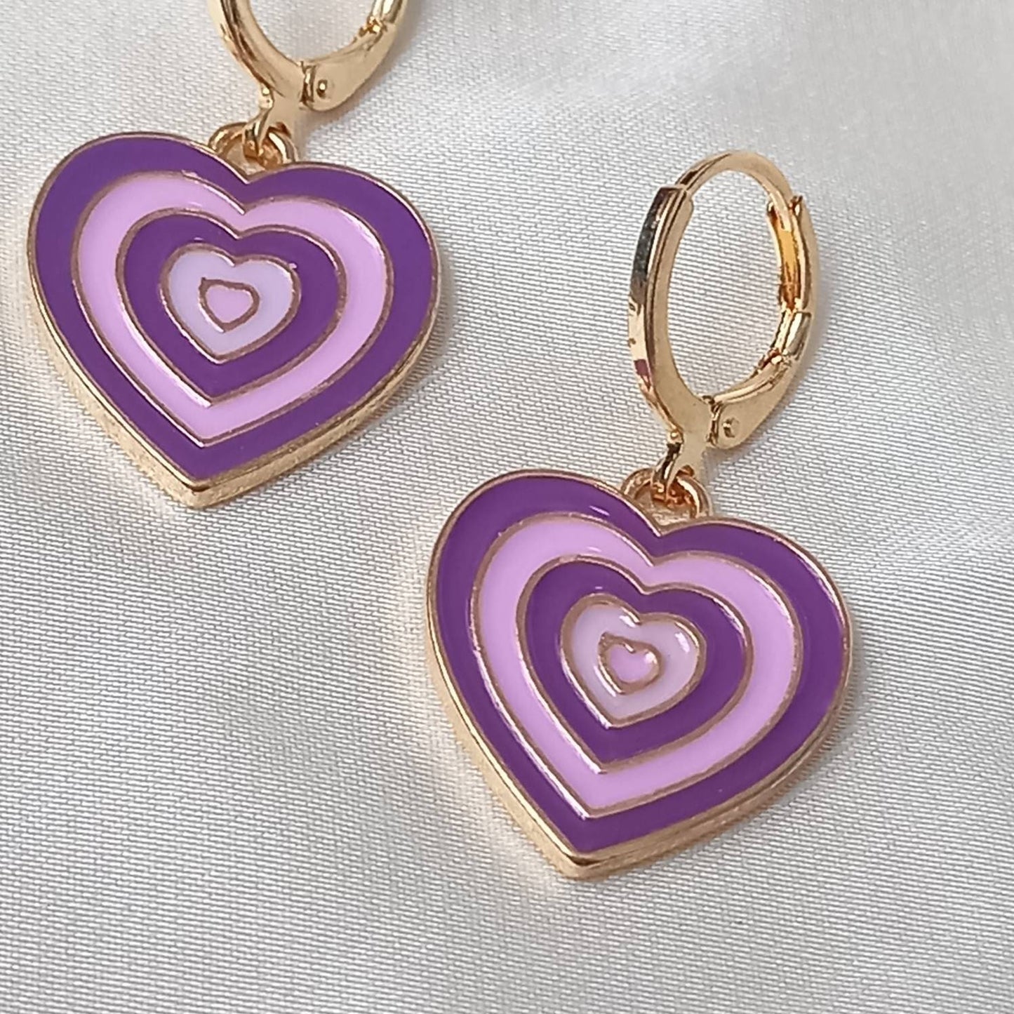 Purple & Gold Retro Heart Drop Earrings -  70's Style Earrings, Vintage Style, Hanging Jewellery,Accessories,Green Jewellery,Gold Earrings