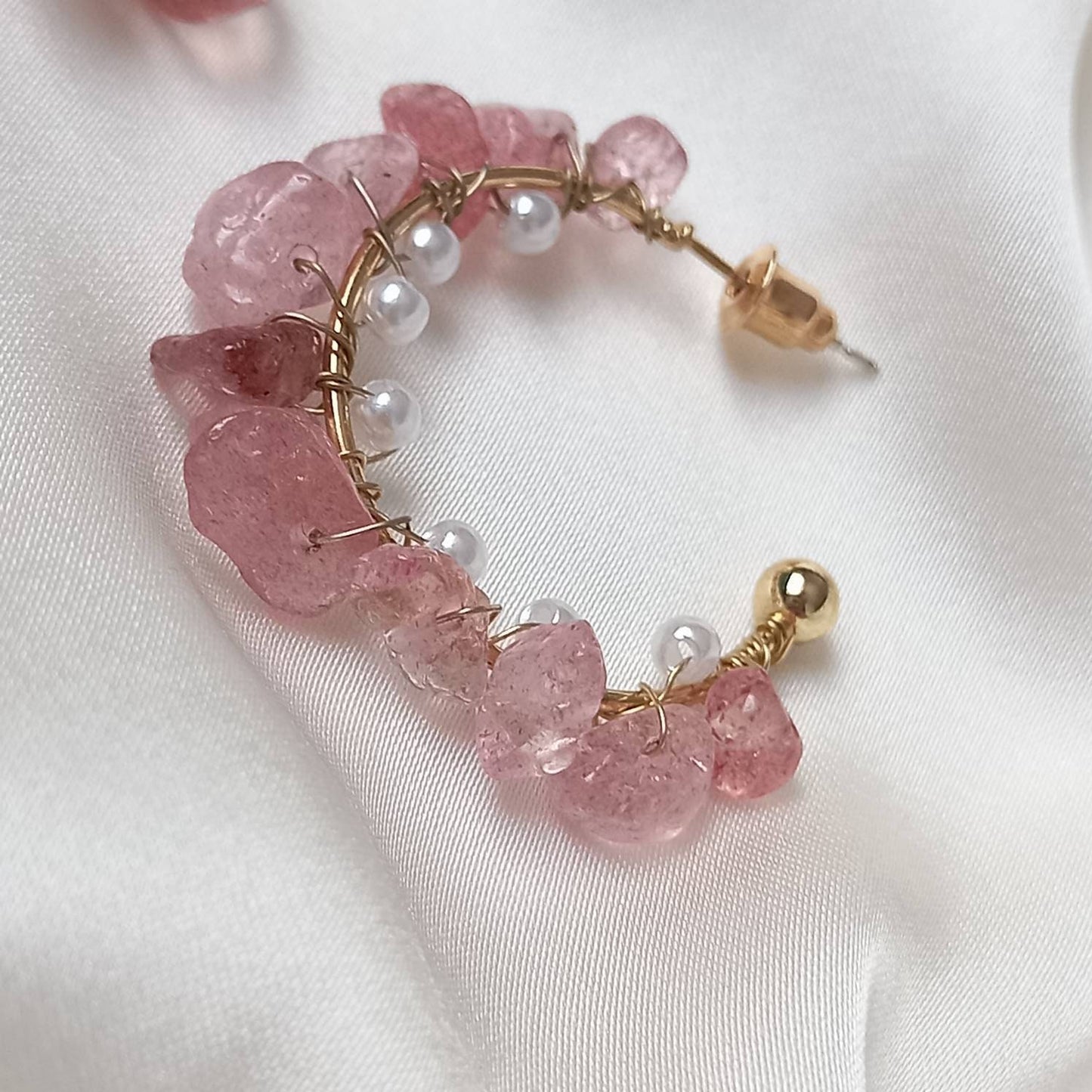Pink Stone & Pearl Hoop Earrings - Pearl Earrings, Classic Earrings, Bead Earrings, Pink Earrings, Earrings In The UK, Jewellery In The UK