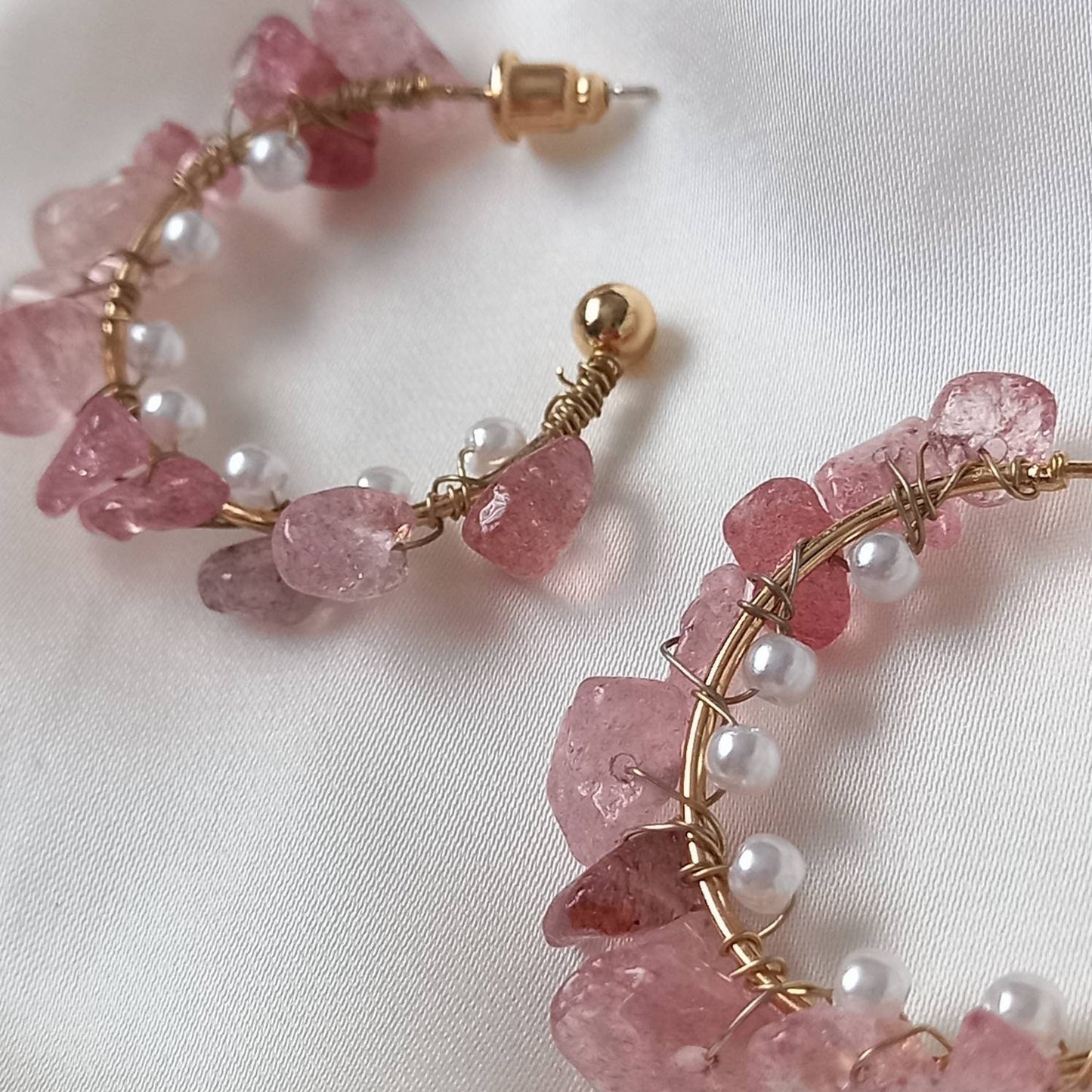 Pink Stone & Pearl Hoop Earrings - Pearl Earrings, Classic Earrings, Bead Earrings, Pink Earrings, Earrings In The UK, Jewellery In The UK