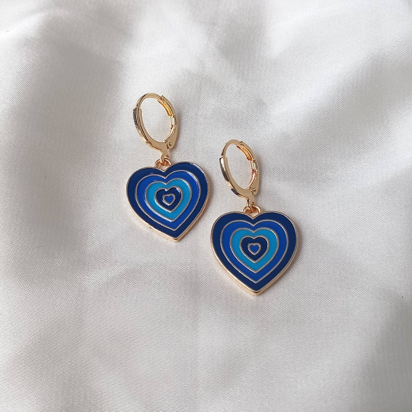Blue & Gold Retro Heart Drop Earrings -  70's Style Earrings, Vintage Style, Hanging Jewellery,Accessories,Green Jewellery,Gold Earrings