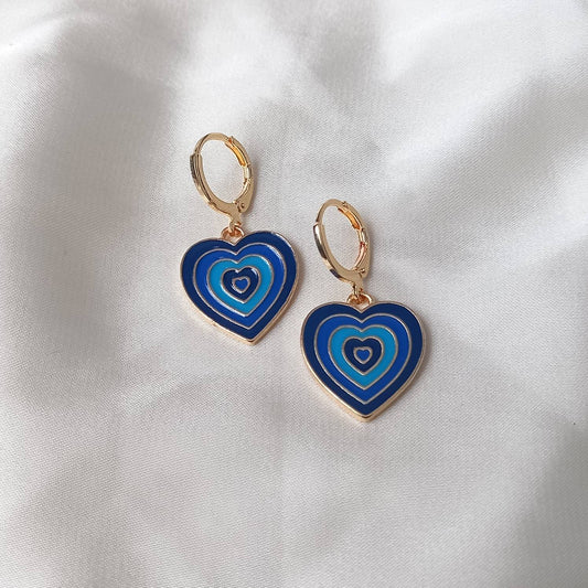 Blue & Gold Retro Heart Drop Earrings -  70's Style Earrings, Vintage Style, Hanging Jewellery,Accessories,Green Jewellery,Gold Earrings