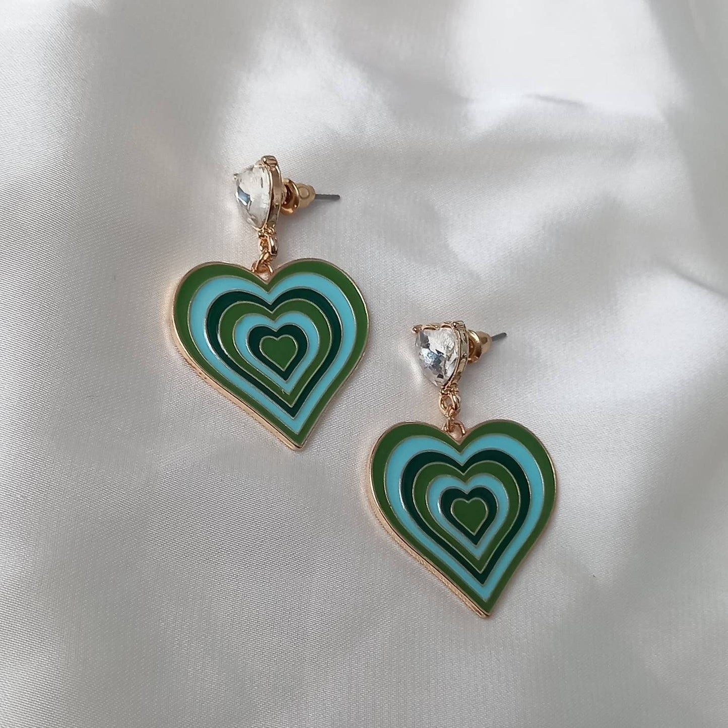Green & Gold Retro Heart Drop Earrings -  70's Style Earrings, Vintage Style, Hanging Jewellery,Accessories,Green Jewellery,Gold Earrings