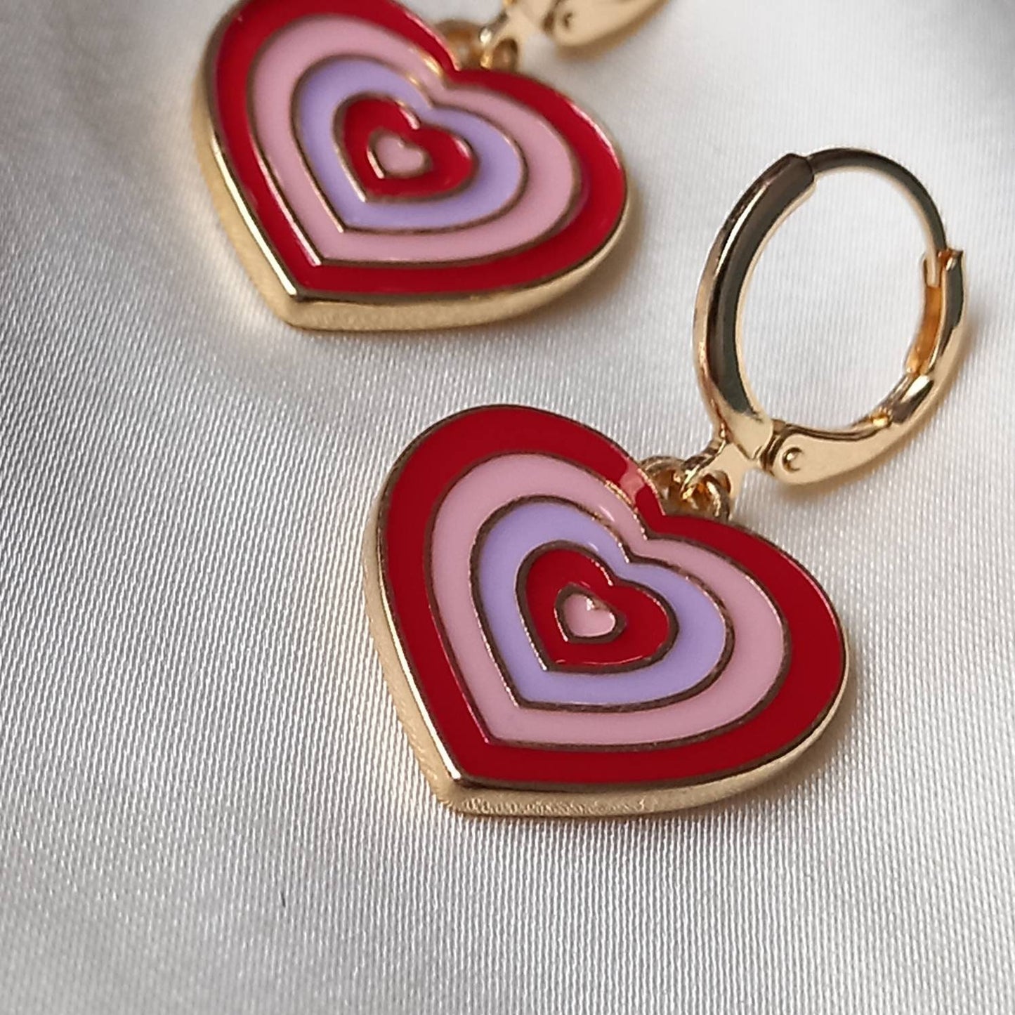 Pink & Gold Retro Heart Drop Earrings -  70's Style Earrings, Vintage Style, Hanging Jewellery,Accessories,Pink Jewellery,Gold Earrings