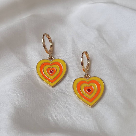 Orange & Gold Retro Heart Drop Earrings -  70's Style Earrings, Vintage Style, Hanging Jewellery,Accessories,Orange Jewellery,Gold Earrings