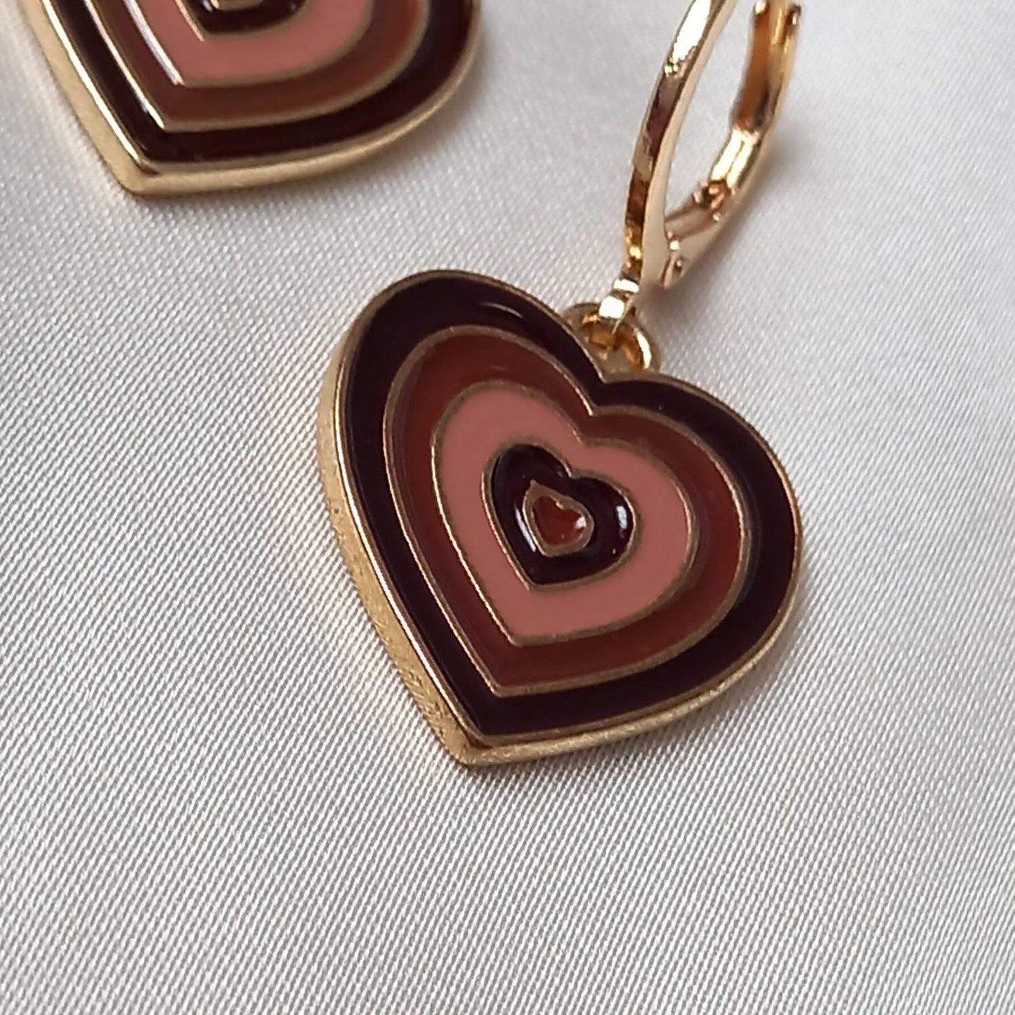 Brown & Gold Retro Heart Drop Earrings -  70's Style Earrings, Vintage Style, Hanging Jewellery,Accessories,Brown Jewellery,Gold Earrings