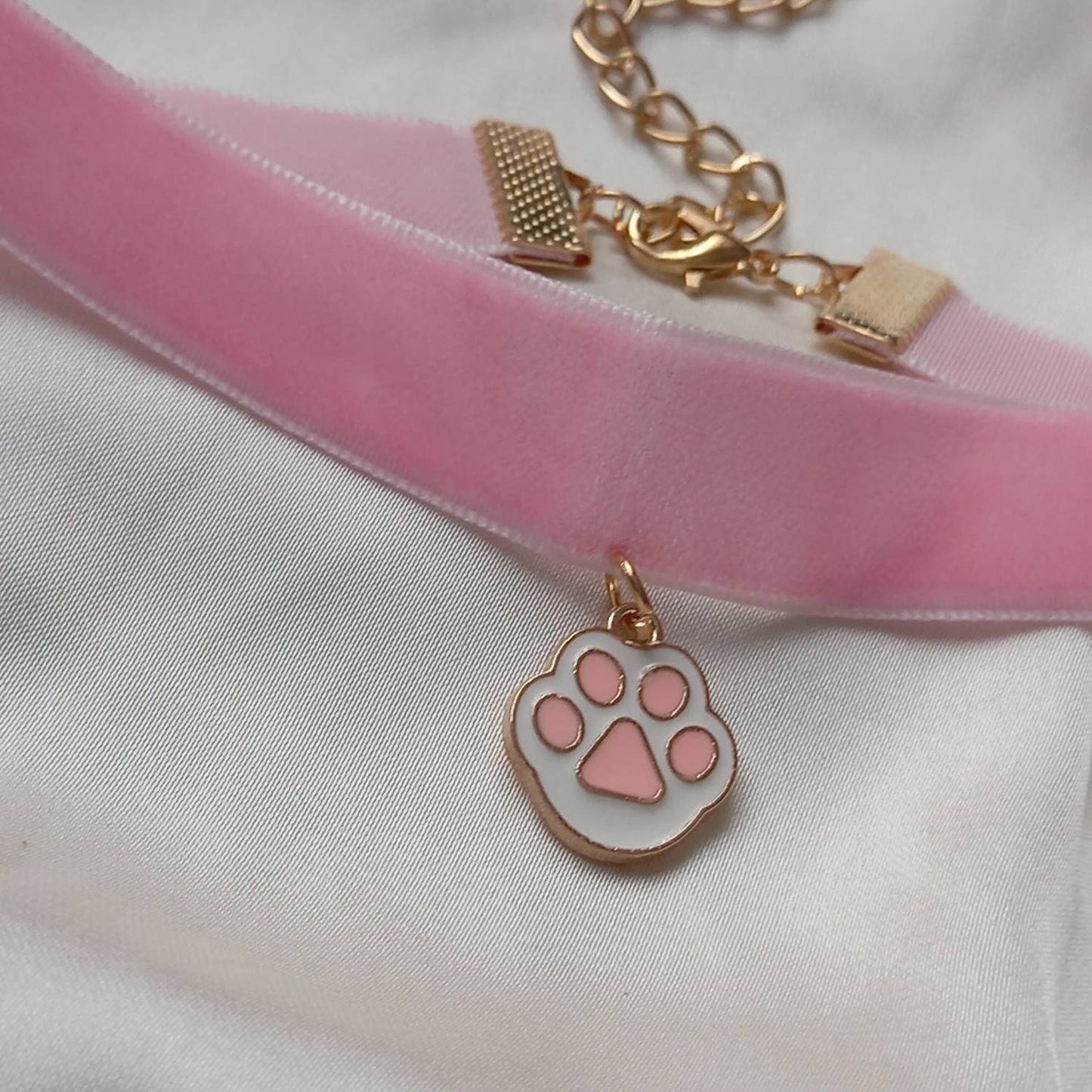 Pink & Gold Velvet Paw Print Choker Necklace - Pink Jewellery, Accessories,Velvet Necklace,Choker Necklace,Charm Necklace,Paw Charm Necklace