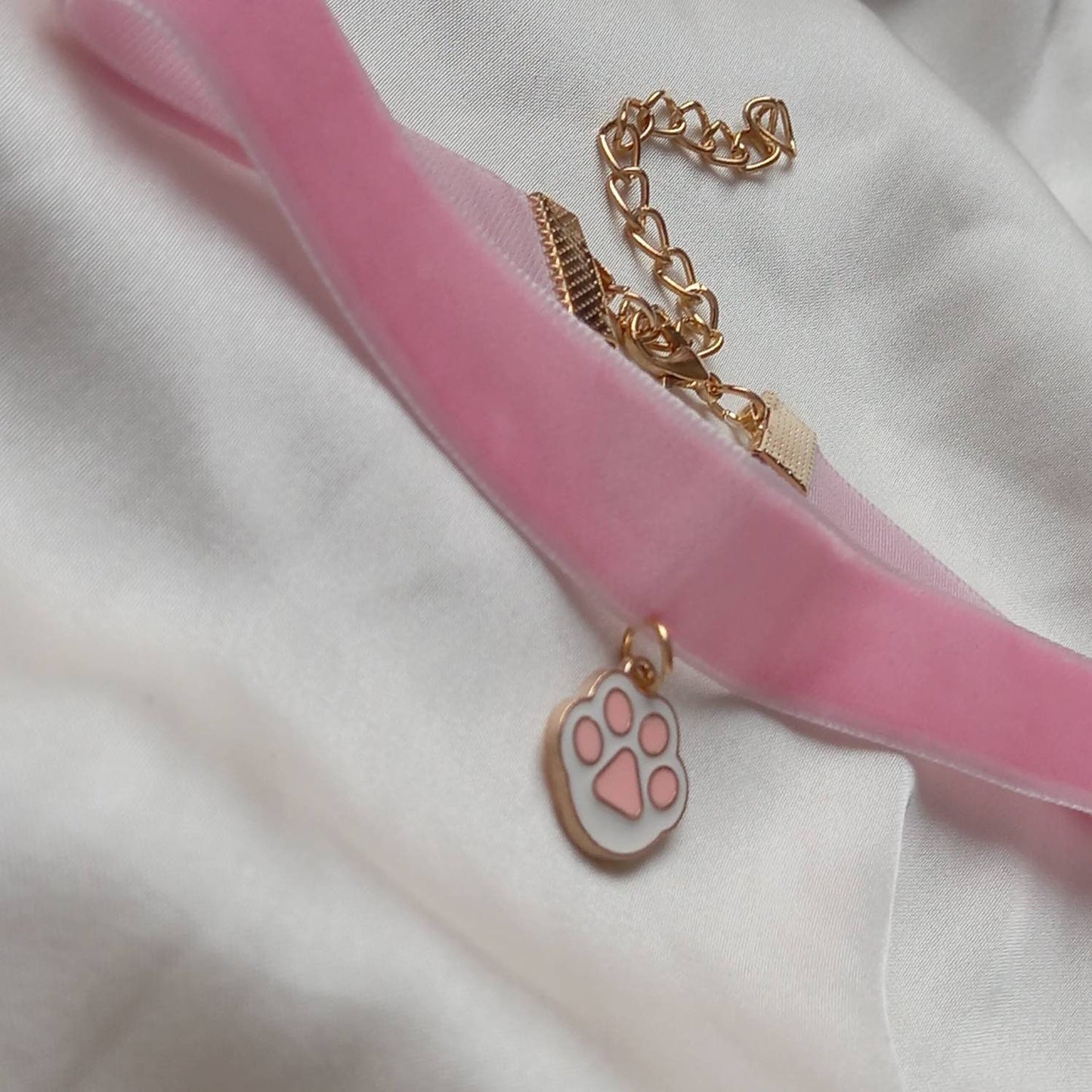 Pink & Gold Velvet Paw Print Choker Necklace - Pink Jewellery, Accessories,Velvet Necklace,Choker Necklace,Charm Necklace,Paw Charm Necklace