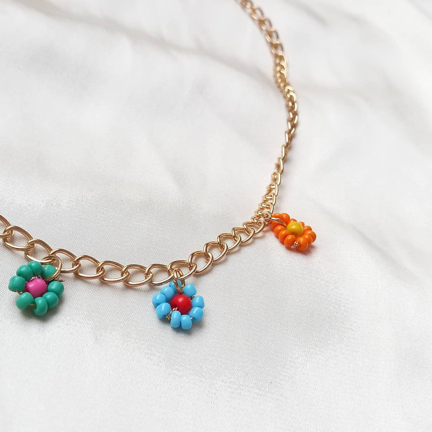 Gold Chain Flower Bead Necklace - Gold Chain Necklace, Gold Jewellery, Accessories, Bead Necklace, Flower Necklace, Funky Necklace