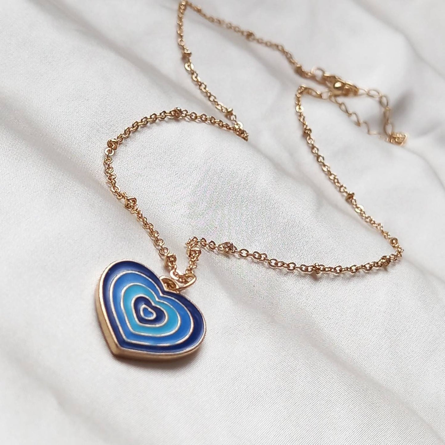 Blue & Gold Retro Heart Charm Necklace -  70's Style Necklace, Vintage Style, Hanging Jewellery,Accessories,Blue Jewellery,Gold Necklace